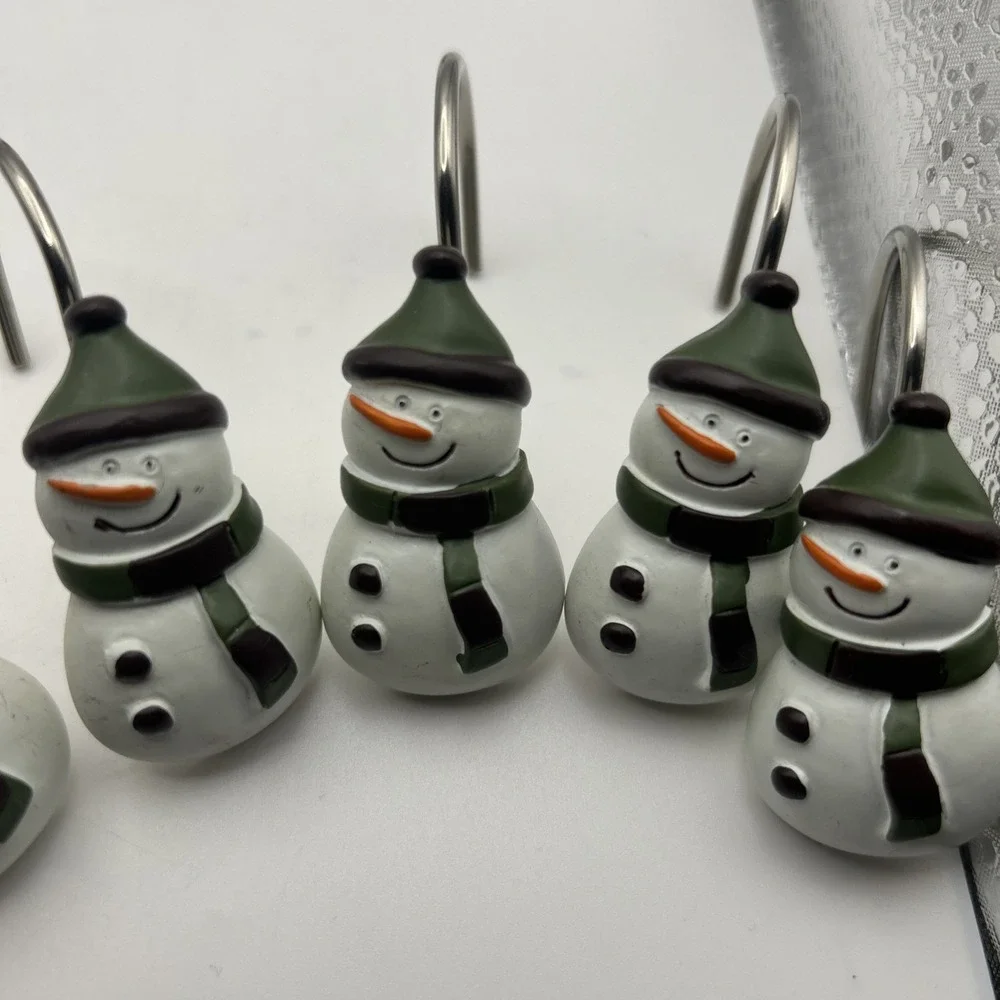 Snowman Shower Hooks Winter Christmas Lot Of 12 Hooks 6 Green Cap& 6 Red top-hat